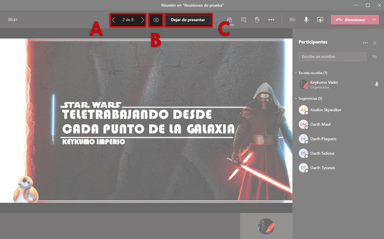 Controles para proyectar presentación de PowerPoint en reunión